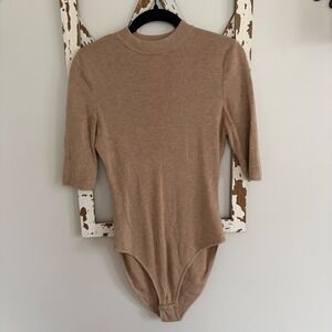 ADAY Merino Wool Blend Like A Glove Mock Neck Knit Bodysuit Taupe Size Medium